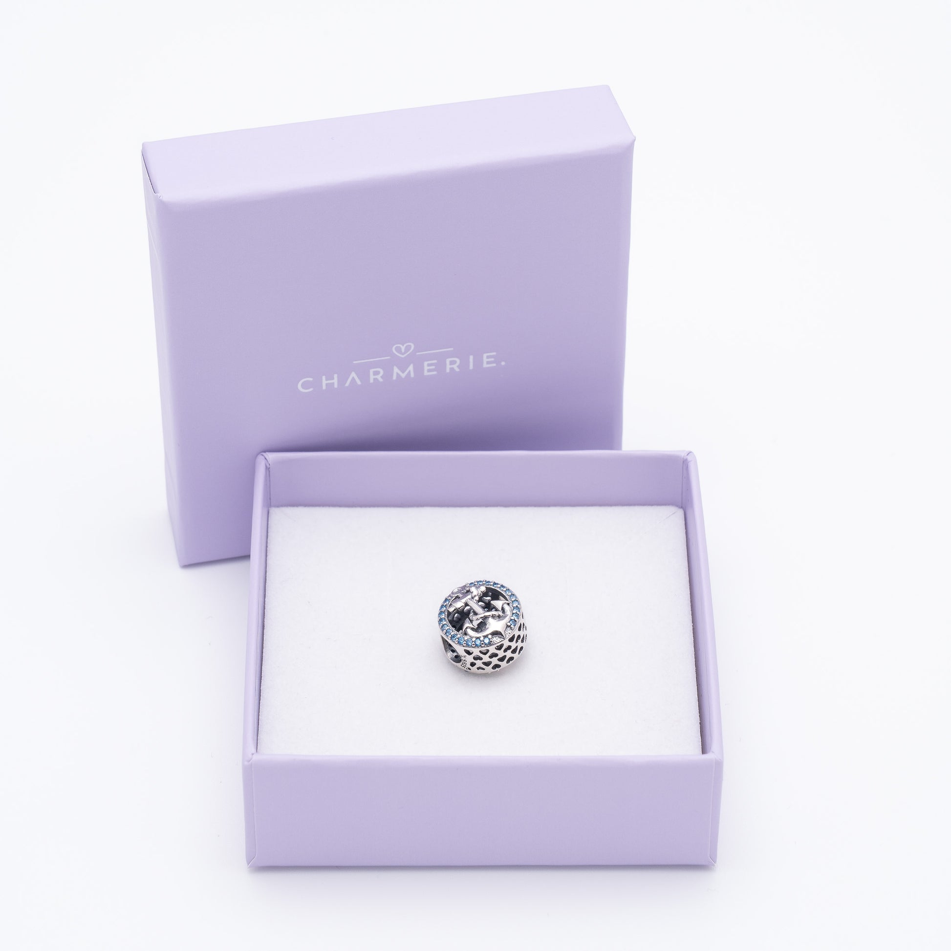 Anker Charm mit blauen Zirkonia aus 925 Sterling-Silber in Charmerie Geschenkbox