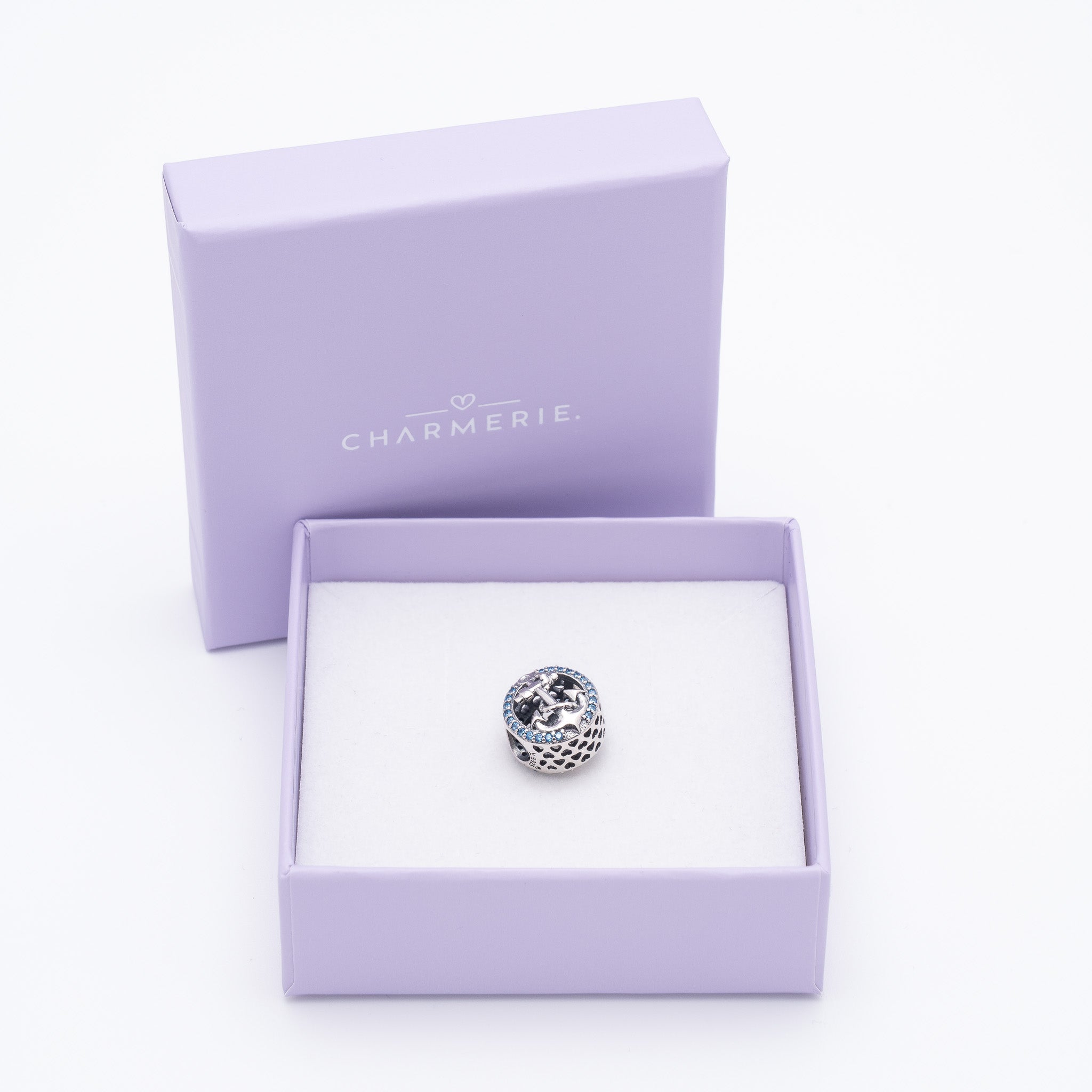 Anker Charm mit blauen Zirkonia aus 925 Sterling-Silber in Charmerie Geschenkbox