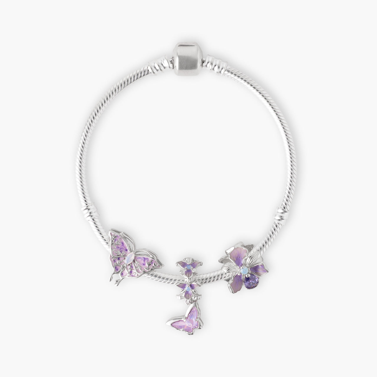 Armband mit Charms Set LAVENDER FAIRYFLIGHT aus 925 Sterling-Silber, Flatlay – Charmerie