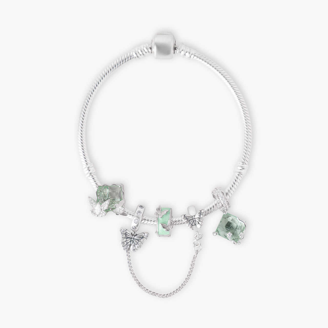 Armband mit Charms Set MINT MOMENTS aus 925 Sterling-Silber, Flatlay – Charmerie