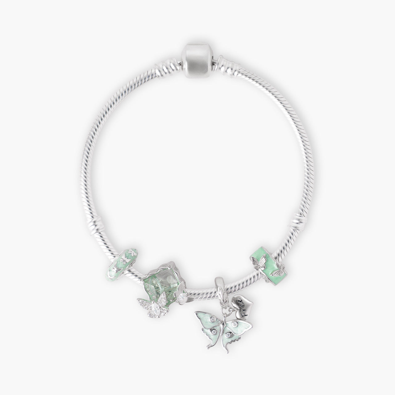 Armband mit Charms Set MINT WINGS aus 925 Sterling-Silber, Flatlay – Charmerie