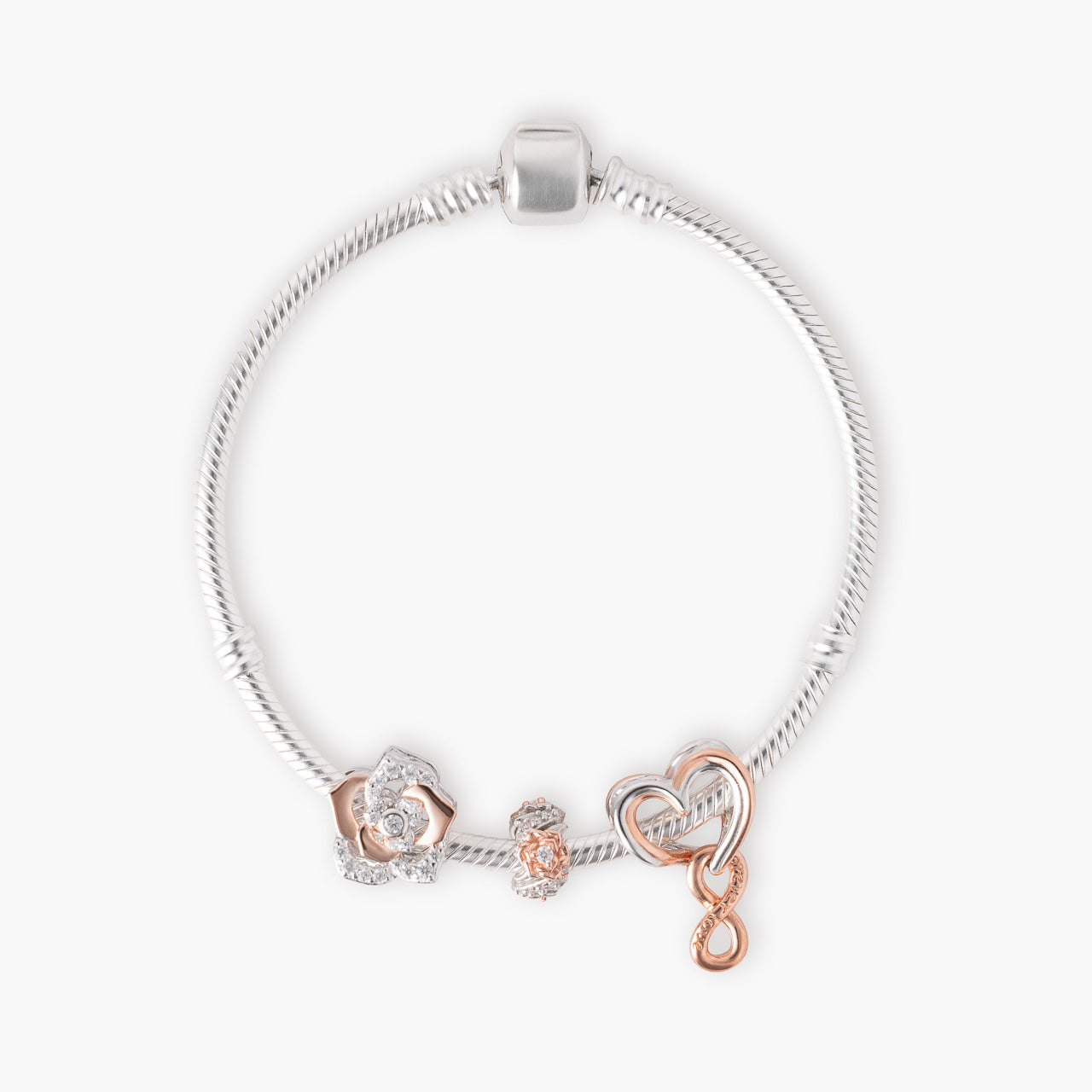 Armband mit Charms Set ROSÉ DREAM aus 925 Sterling-Silber, Flatlay – Charmerie
