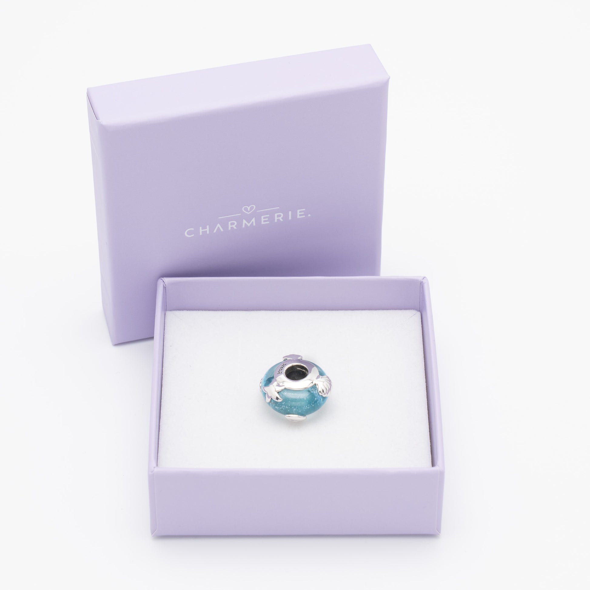 Blauer Ozean Glas Charm aus 925 Sterling-Silber in Charmerie Geschenkbox