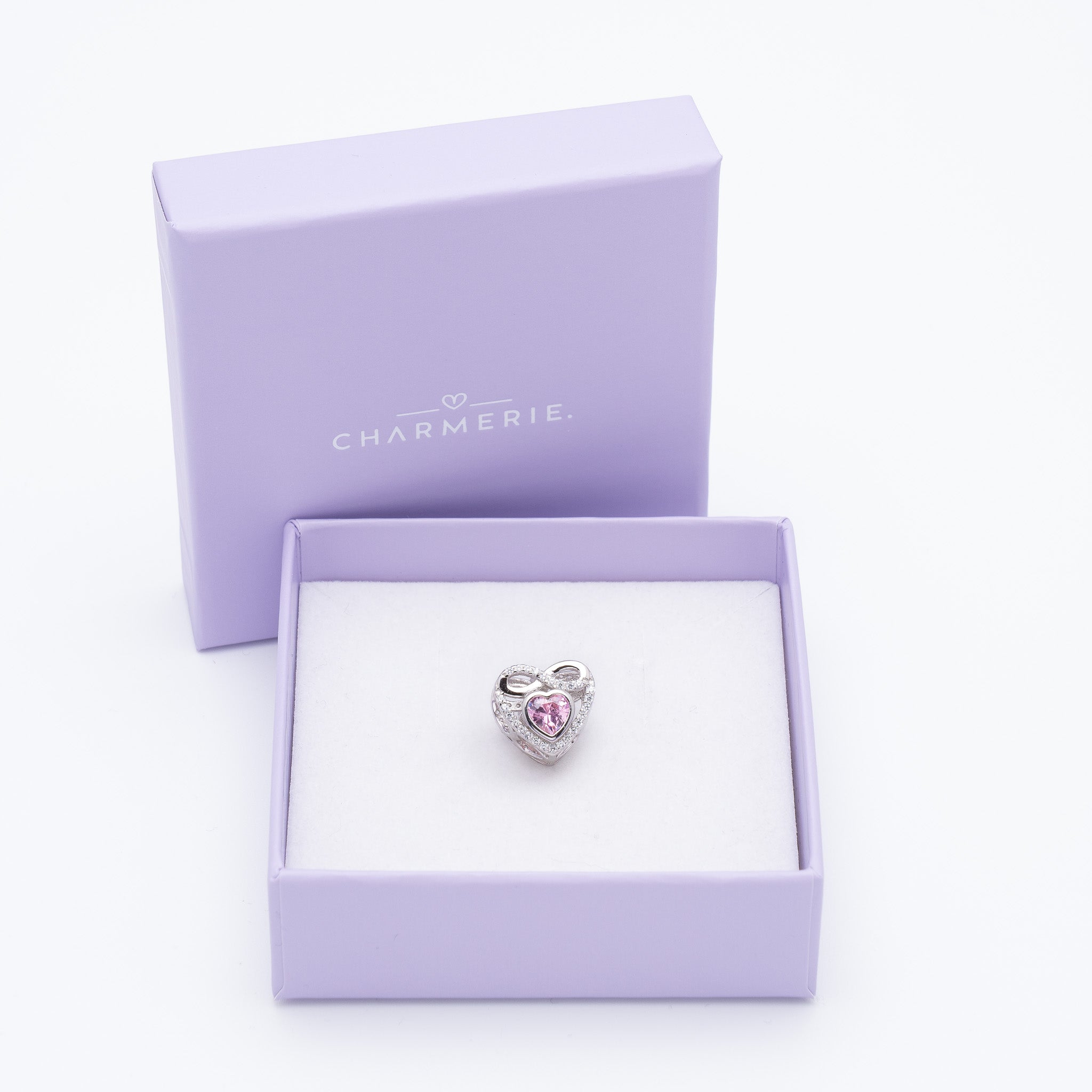 Endless Love Herz Charm mit rosa Zirkonia aus 925 Sterling-Silber in Charmerie Geschenkbox