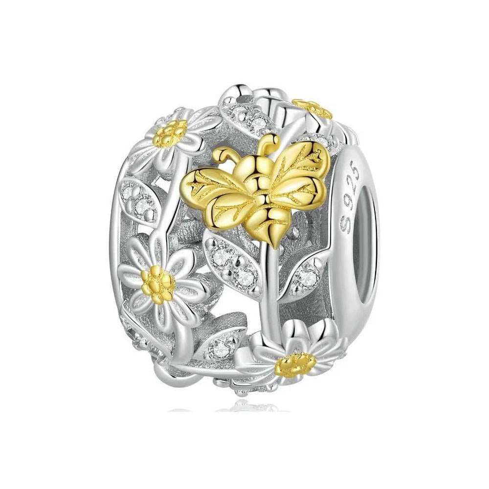 Funkelnde Biene Charm mit goldenen Blüten aus 925 Sterling-Silber – Charmerie