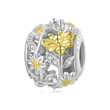 Funkelnde Biene Charm mit goldenen Blüten aus 925 Sterling-Silber – Charmerie