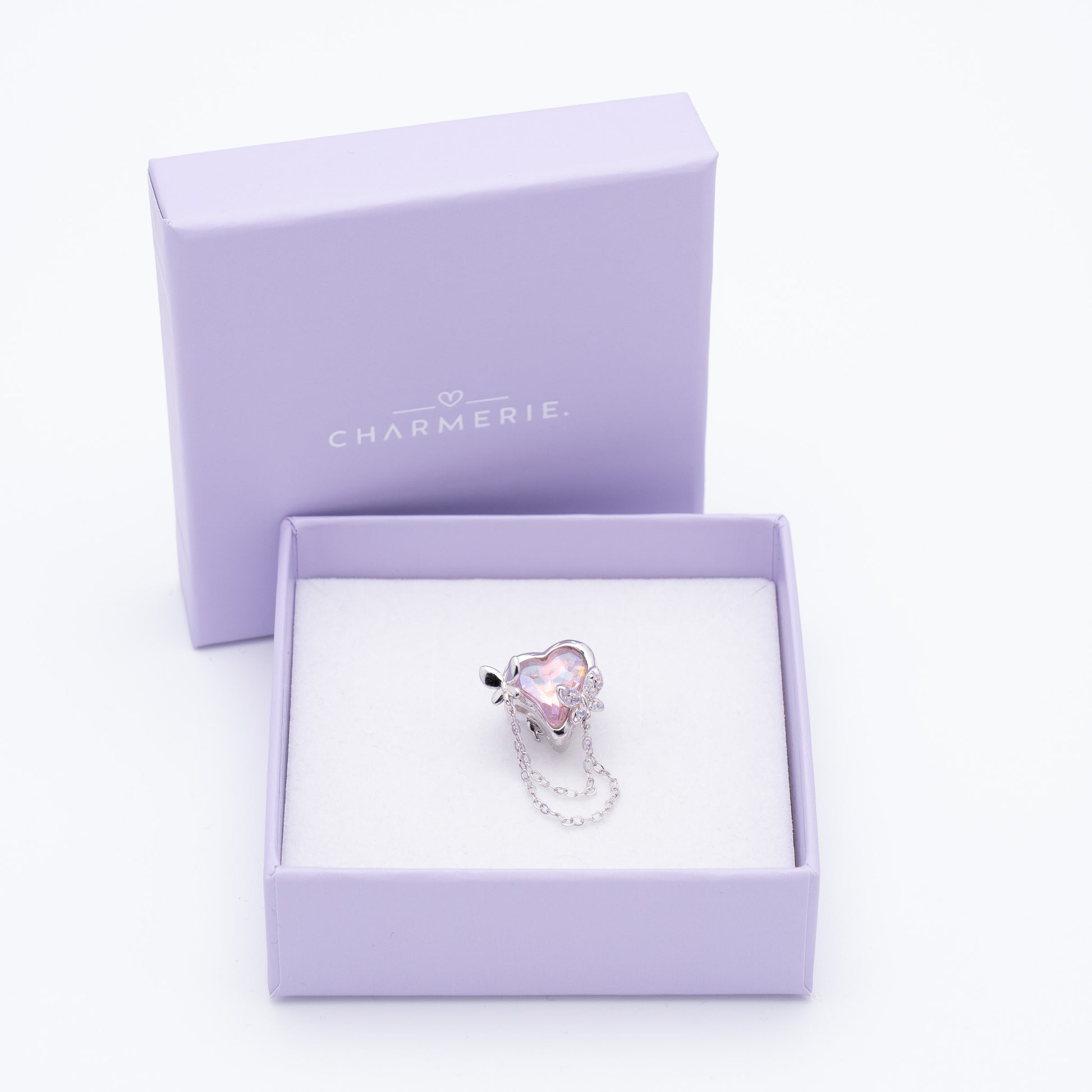 Herz Kristall Charm mit Kette aus 925 Sterling-Silber in Charmerie Geschenkbox