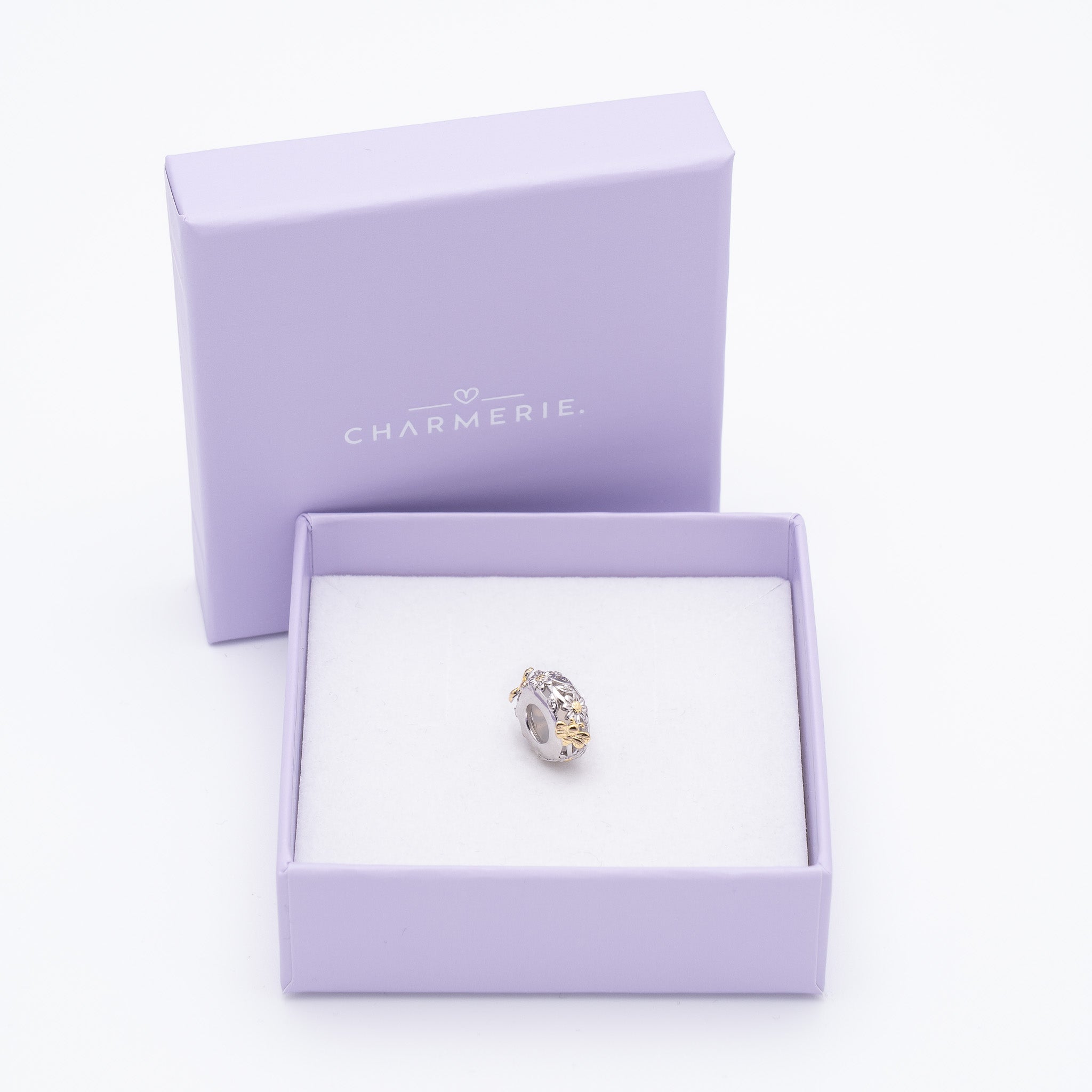 Kleine Biene Charm Stopper mit goldenen Blüten aus 925 Sterling-Silber in Charmerie Geschenkbox