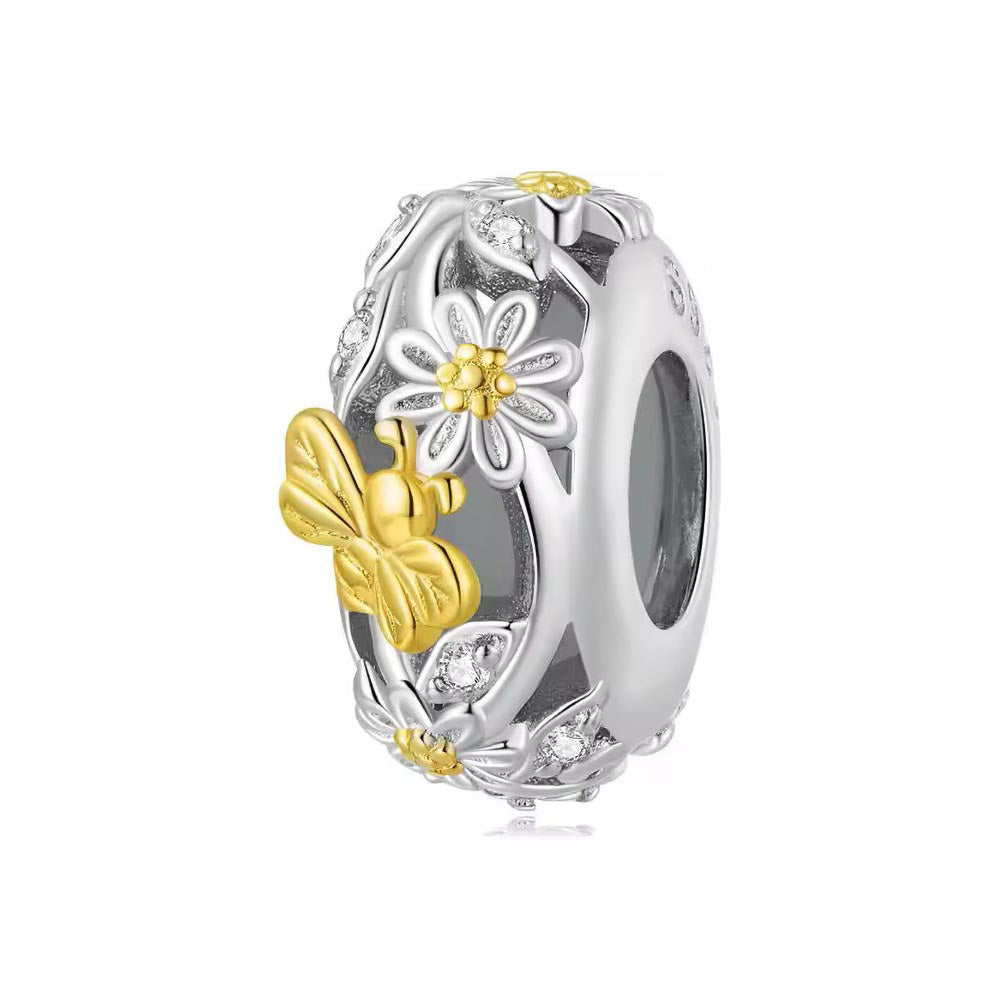 Kleine Biene Charm Stopper mit goldenen Blüten aus 925 Sterling-Silber – Charmerie