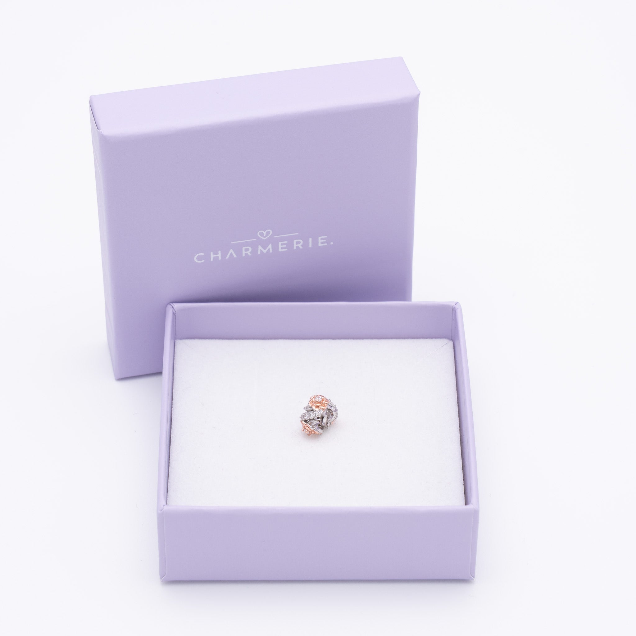 Kleiner Rosenblüten Charm mit Roségold aus 925 Sterling-Silber in Charmerie Geschenkbox