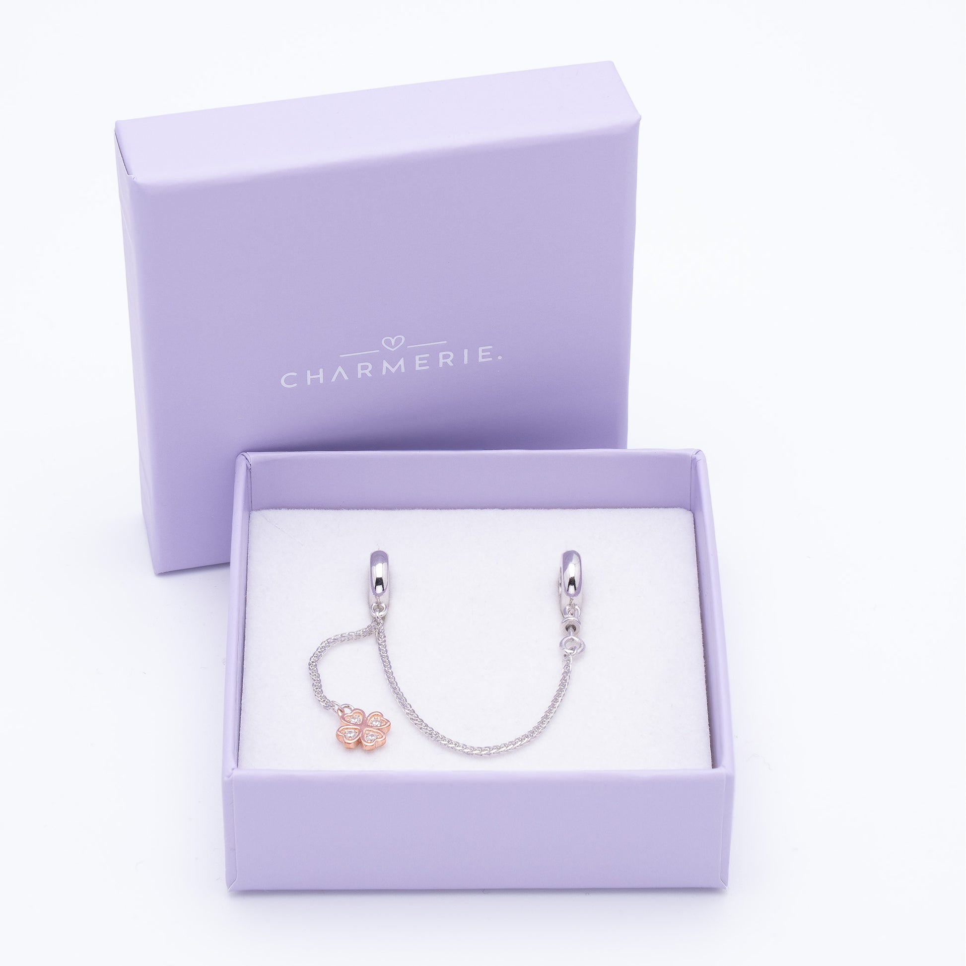 Kleines Kleeblatt Sicherheitskette mit Roségold aus 925 Sterling-Silber in Charmerie Geschenkbox