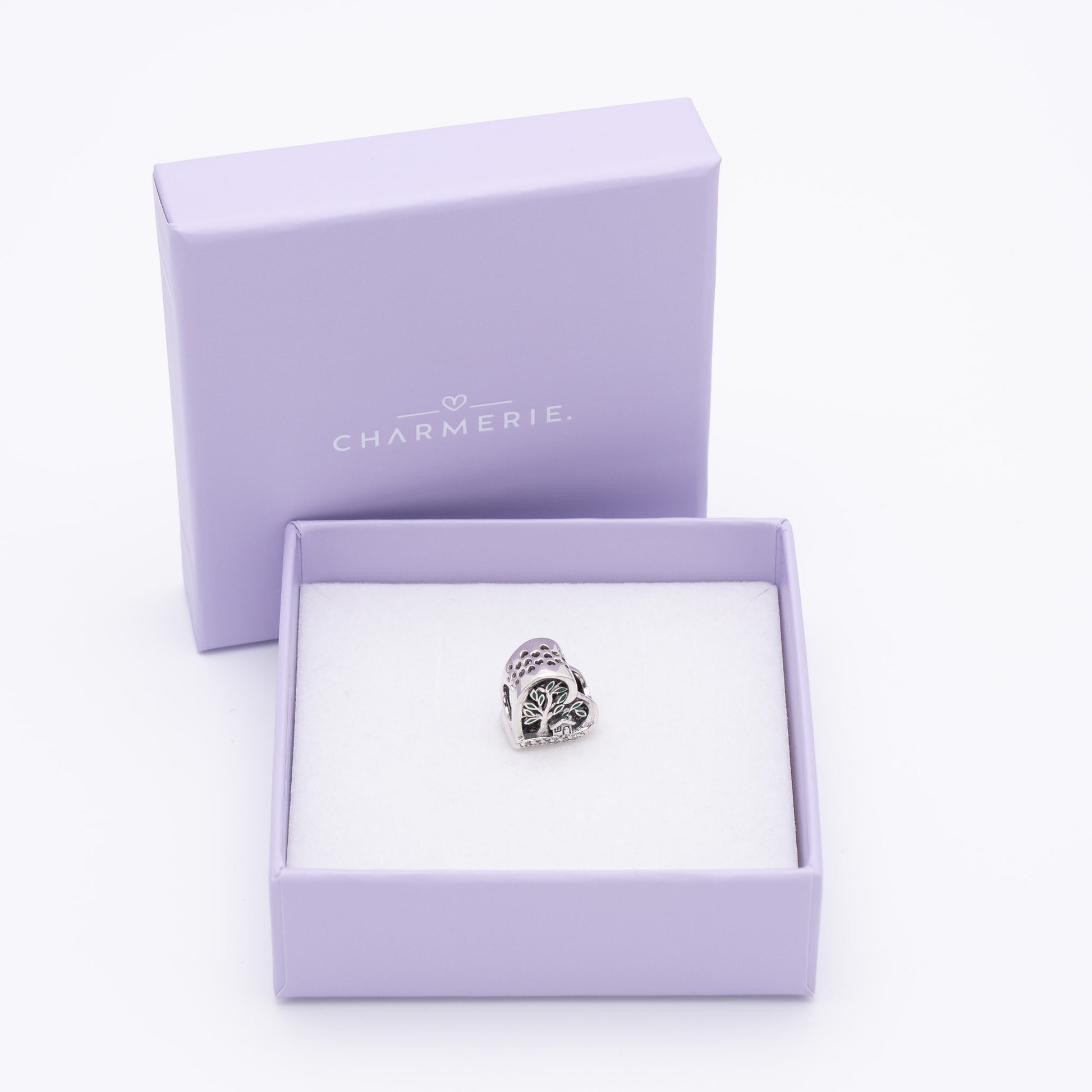 Lebensbaum Herz Charm aus 925 Sterling-Silber in Charmerie Geschenkbox
