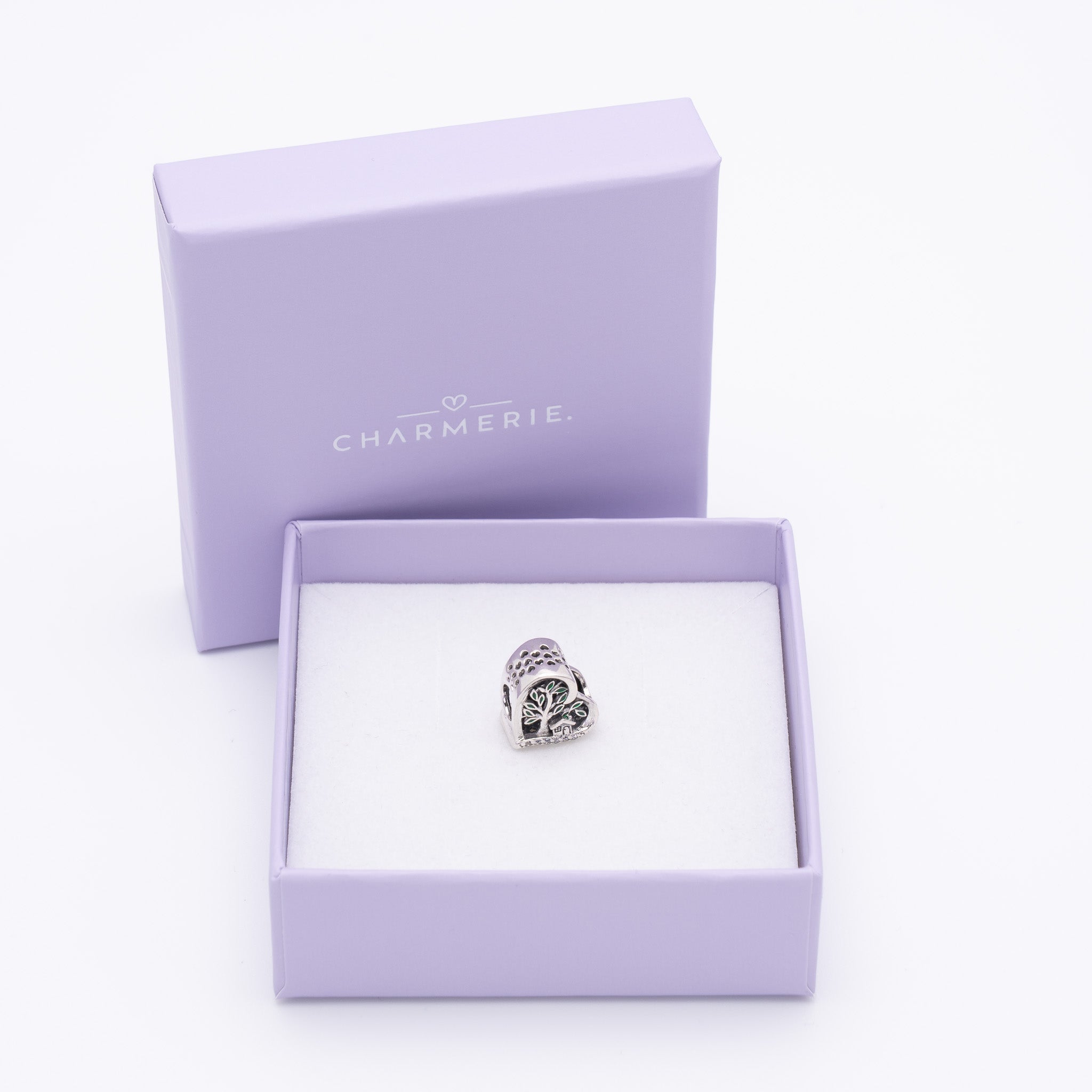 Lebensbaum Herz Charm aus 925 Sterling-Silber in Charmerie Geschenkbox