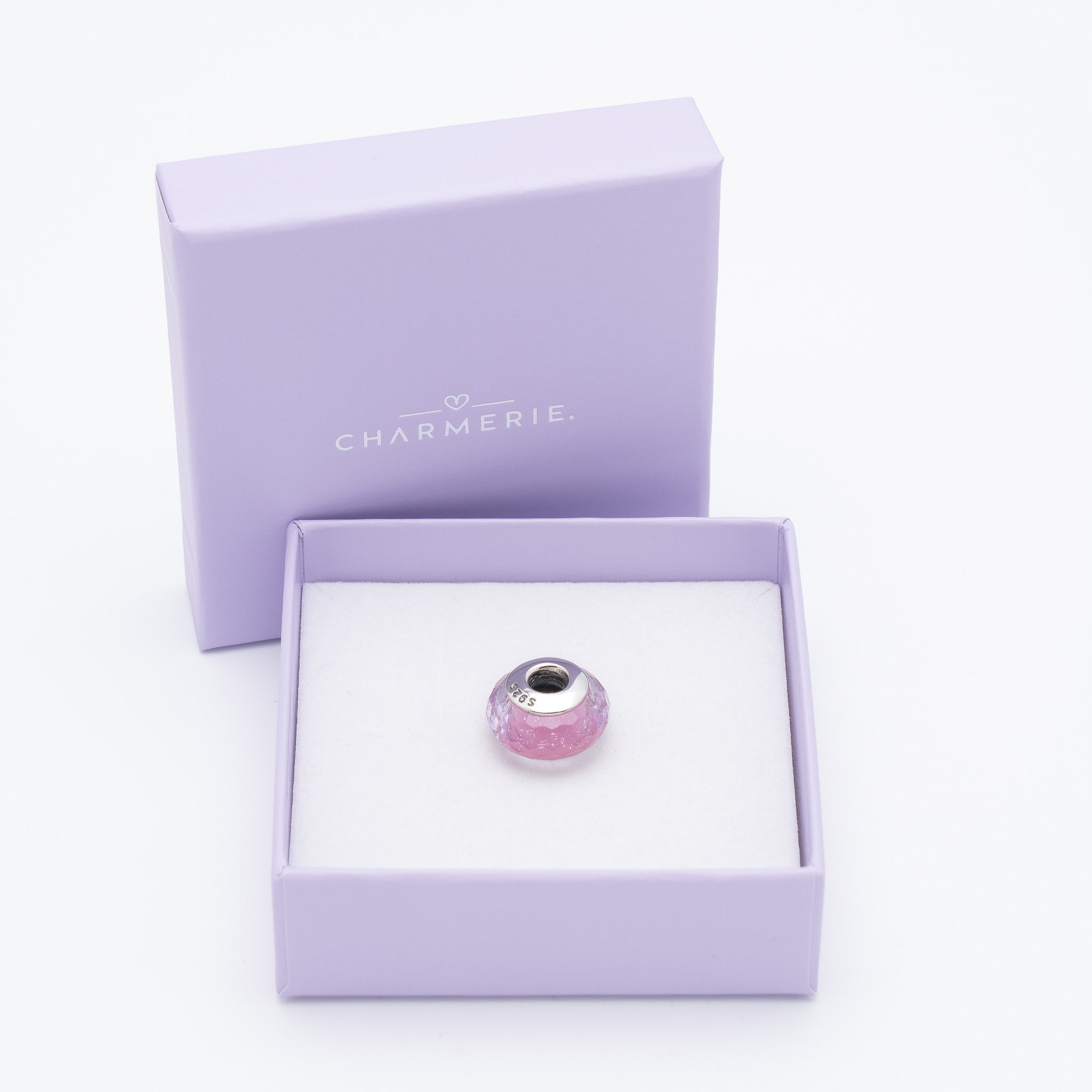 Lila Glas Charm mit Luftblasen aus 925 Sterling-Silber in Charmerie Geschenkbox