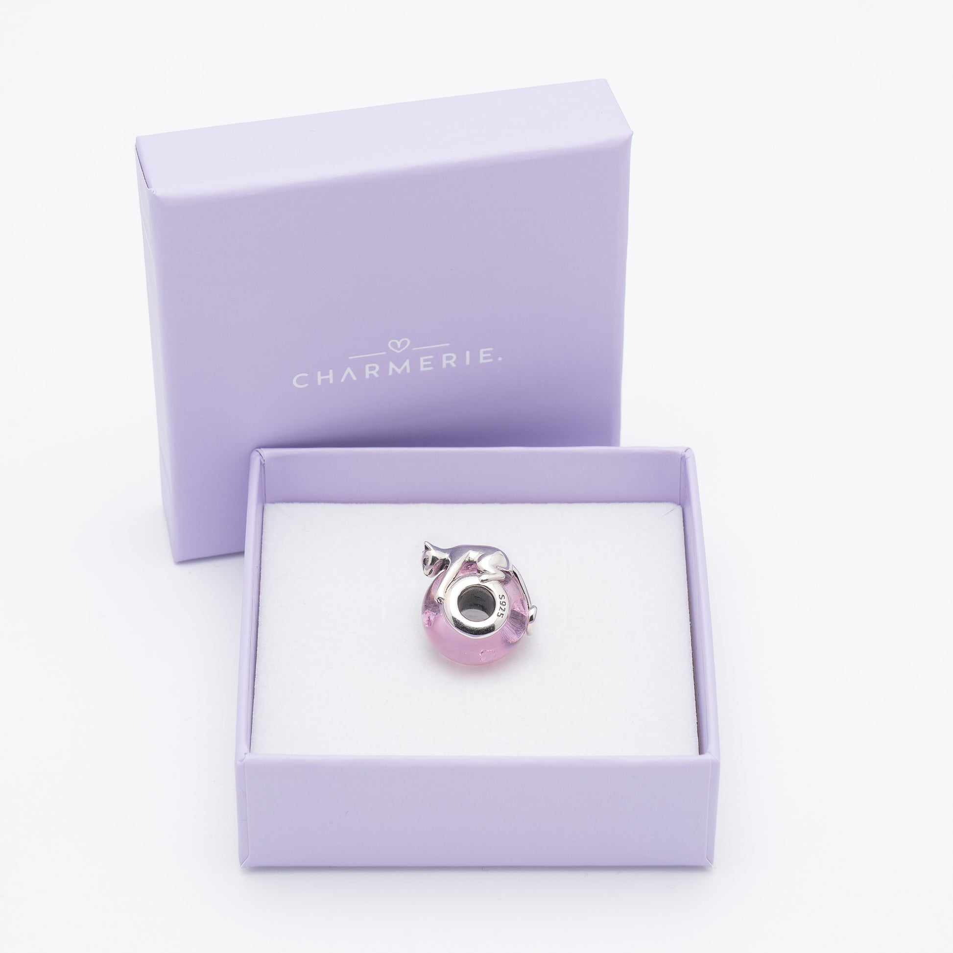 Pinker Katzen Glas Charm aus 925 Sterling-Silber in Charmerie Geschenkbox