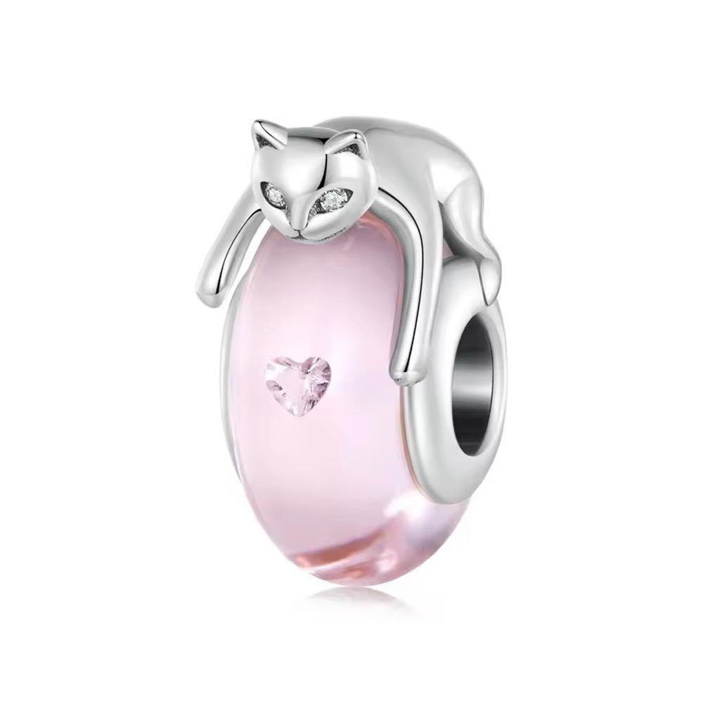Pinker Katzen Glas Charm aus 925 Sterling-Silber – Charmerie