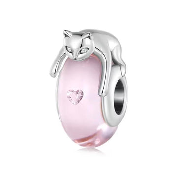 Pinker Katzen Glas Charm aus 925 Sterling-Silber – Charmerie