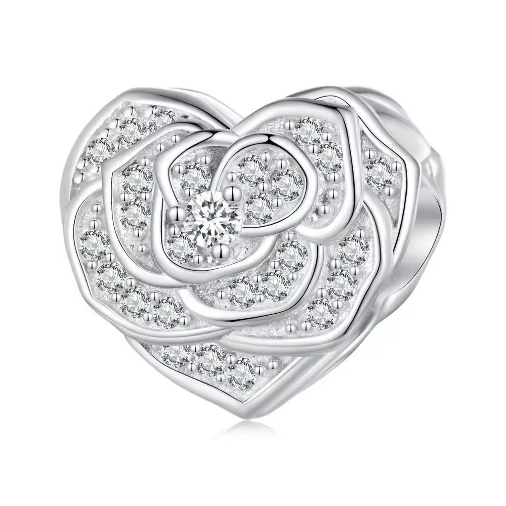 Romantischer Rosenherz Charm mit weißen Zirkonia aus 925 Sterling-Silber – Charmerie