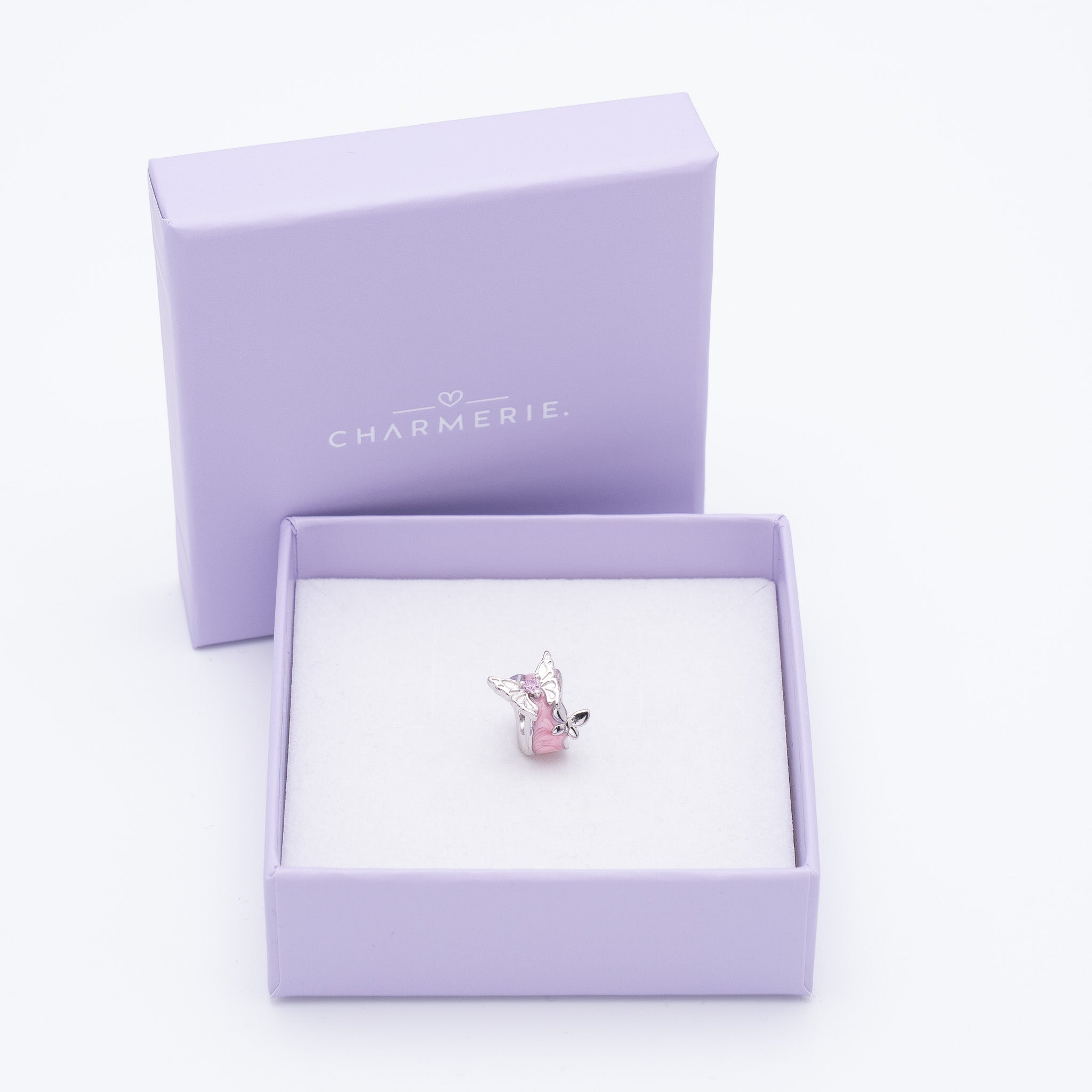 Rosa Schmetterling Charm Stopper aus 925 Sterling-Silber in Charmerie Geschenkbox