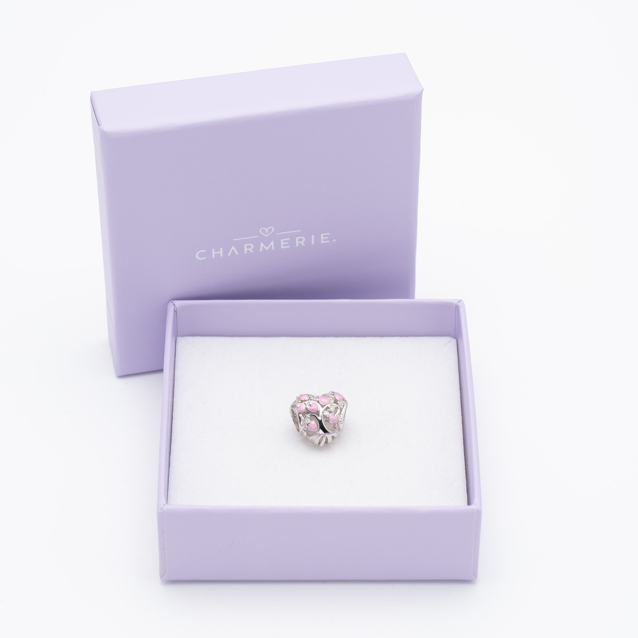 Tree of Love Charm mit rosa Emaille-Herzen aus 925 Sterling-Silber in Charmerie Geschenkbox